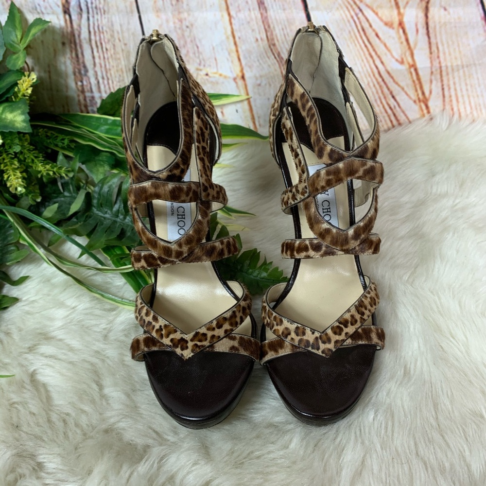 Jimmy Choo Leopard Pony Hair Caged Heels - Picture 3 of 8
